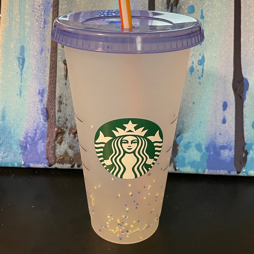 Starbucks 16 oz Frosted Cup with Purple Lid and Confetti